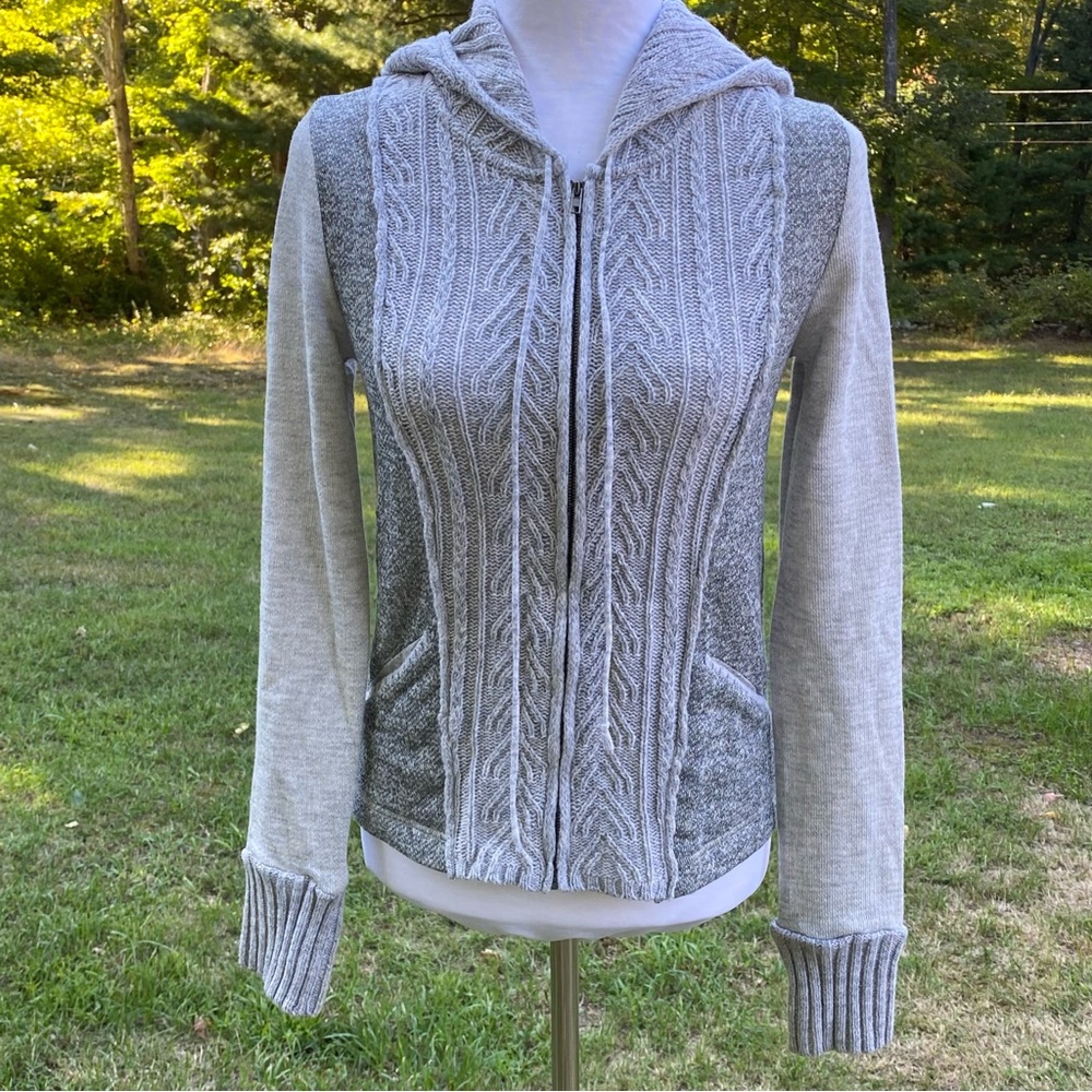MYSTREE SWEATER CARDIGAN GRAY CABLE KNIT & JERSEY ZIP FRONT POCKETS HOOD Size S